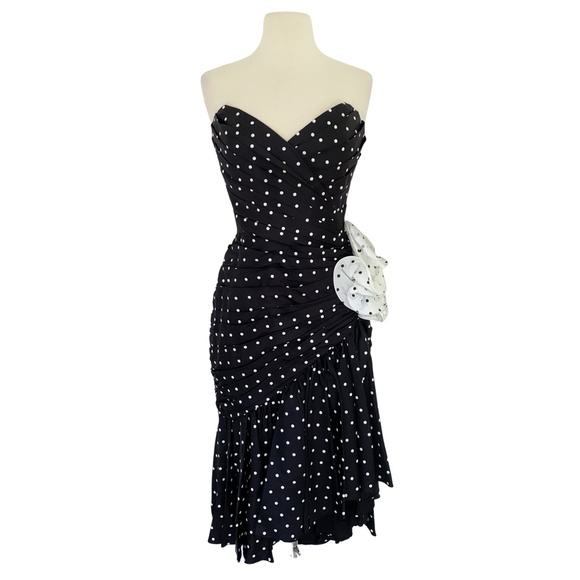 Vintage Tadashi Polka Dot Strapless Rosette Black Dress 8 - Picture 1 of 14
